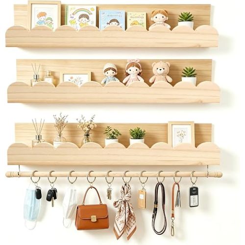 3 Tier Floating Nursery Shelves with 10 Gold Hooks, Scalloped Boho Floating Nursery Shelf Headband Bow Organizer, Solid Wood Wall Display Rack with Full Mount Hardware for Bedroom Home Decor