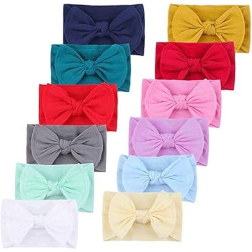 QandSweet Baby Nylon Headbands Newborn Bows Soft Head Wraps for Infant Toddler Girls 12-Pack