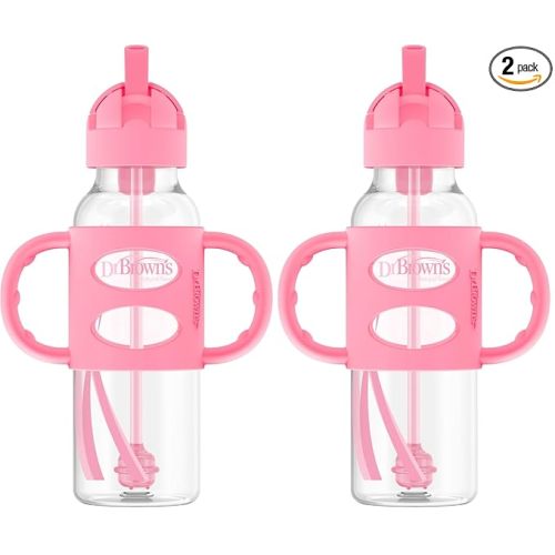 Dr. Brown's Milestones Narrow Sippy Straw Bottle, Spill-Proof with 100% Silicone Handles and Weighted Straw, 8 oz/250 mL, Pink, 6m+ (Pack of 2)
