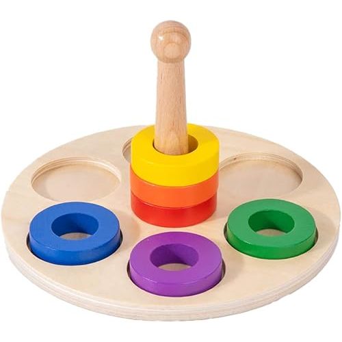 Adena Montessori Wooden 6 Rings on Peg Stacking and Sorting Ring, Wooden Rainbow Stacking Rings Baby Toy, Stacker Toys for Infants and Toddlers, Wood Educational Developmental Toy Multicolor