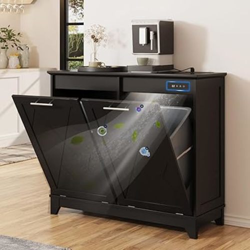 Double Tilt Out Trash Cabinet, Free Standing 10 Gallon Recycling Trash Can Cabinet with Negative Ion and Deodorizing Function, for Kitchen Living Room, Black
