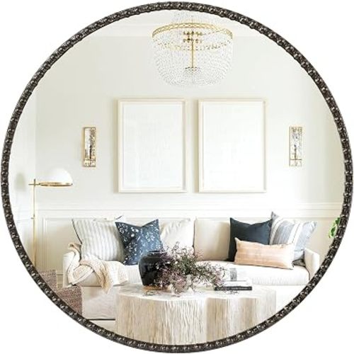 Hanging Round Mirror Metal Frame Modern Artistic Circle Bead Mirrors for Bathroom Bed Room Hallway Entryway for Living Room Wall Decor Bronze 18"