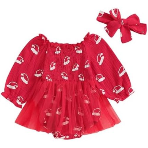 Baby Girl Christmas Romper Dress Puff Sleeve Christmas Tulle Dresses Newborn Infant Fall Winter Clothes Outfits