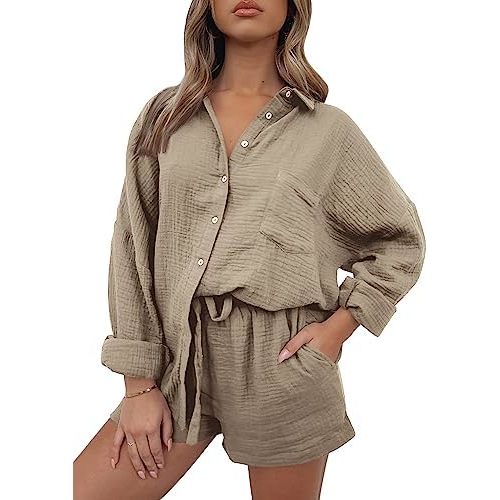 AUTOMET 2 Piece Sets For Women Lounge Wear Matching Two Piece Pajama Fashion Oversized Shirts And Shorts Spring Outfit 2025