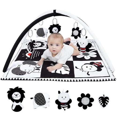 Lovvie & Joy Baby Play Activity Gym Tummy Time Mat for Infant,Baby Gyms & Playmats for Babies 0 to 3 6 9 12 Months with 5 Toys for Early Sensory Exploration and Motor Skill Development