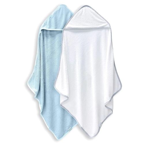 2 Pack Baby Bath Towel - Rayon Made from Bamboo, Ultra Absorbent - Ultra Soft Hooded Towels for Kids - X Large Size for 0-7 Yrs (White and Blue, 37.5 x 37.5 Inch)