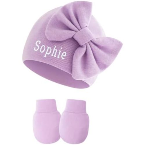 Personalized Baby Hat Custom Embroidered Newborn Hat Cotton Infant Baby Bowknot Beanie Gloves for Girls 0-3 Months