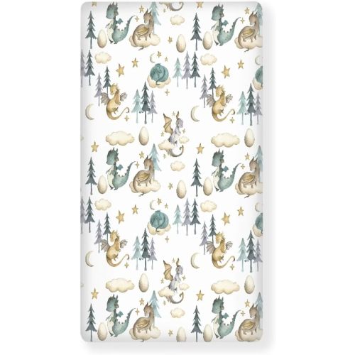 Watercolor Cute Dragon Fairy Tale Fitted Crib Sheet Cloud Moon Star Dragons Egg Trees Standard Crib Mattress Fitted Sheet Toddler Bed Mattress Sheets Crib Mattress Sheet 28"x52"