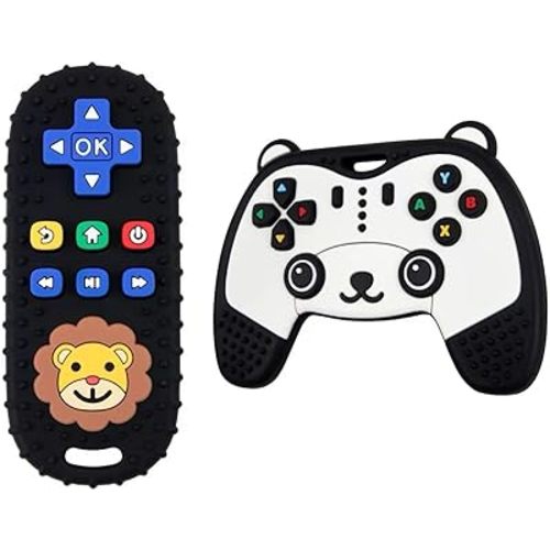 Baby Teething Toy, Soft TV Remote and Game Controller Shape Chew Set, Educational Toy for Intellectual Development, Safe Silicone for Toddler and Infant (Black (Panda Handle + Lion Remote Control))