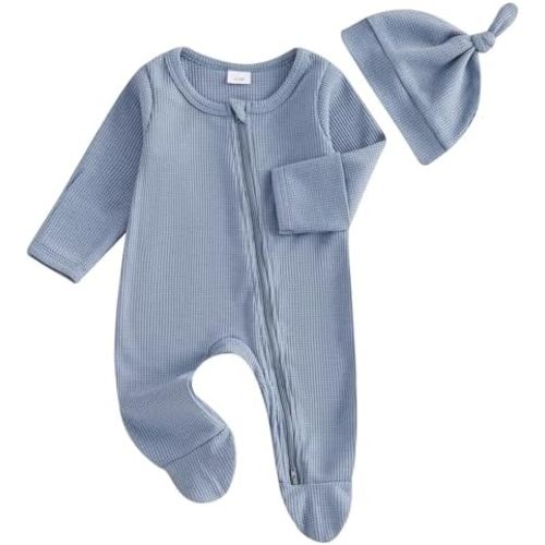 Waffle Jumpsuit Newborn Baby Boy Girl Footed Romper Solid Color Long Sleeve Zipper Bodysuit with Hat Clothes Set