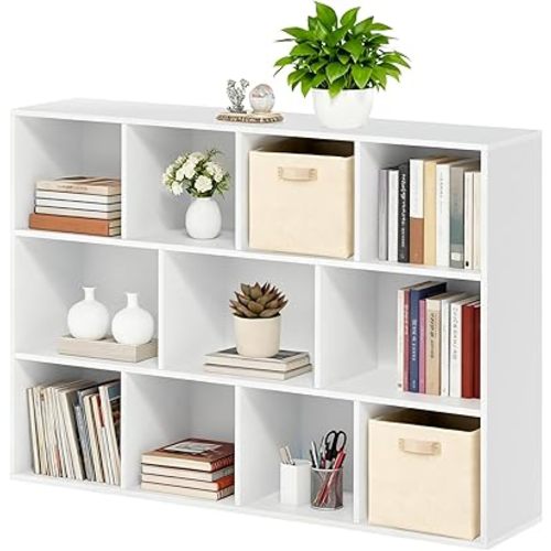 Whitmor 11 Cube Storage Organizer, 4 Tier Stackable Bookcase, Open Storage Display Bookshelf, Storage Cabinet for Living Room, Bedroom, Home, Office, 29.1" L x 9.4" W x 41.7" H, White