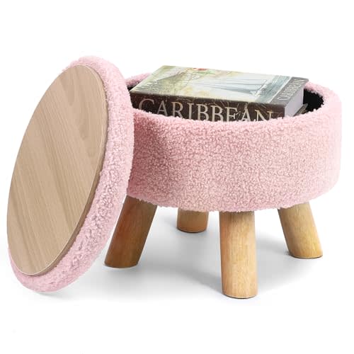 OGEMXU Ottoman Foot Rest, Small Round Ottoman with Storage, Boucle Teddy Velvet Footstool with Wood Legs, Soft Sponge Storage Ottoman for Living Room, Bedroom, Couch, Enterway (Pink)