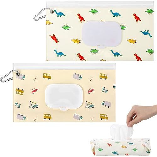 2 Pcs Baby Wipes Dispenser, Portable Refillable Wet Wipes Holder for Travel, Reusable Wipe Container with Metal Clip, Keeps Wipe Moist