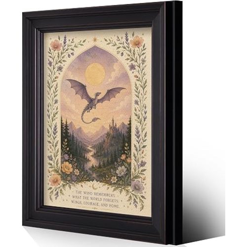 Framed Literature Book Quote Canvas Wall Art, Fantasy Fall Floral Dragon Poster, Dragon Without Its Rider Is A Tragedy Bookish Print, Library Reading Nook Wall Decor for Book Lover 16x24in