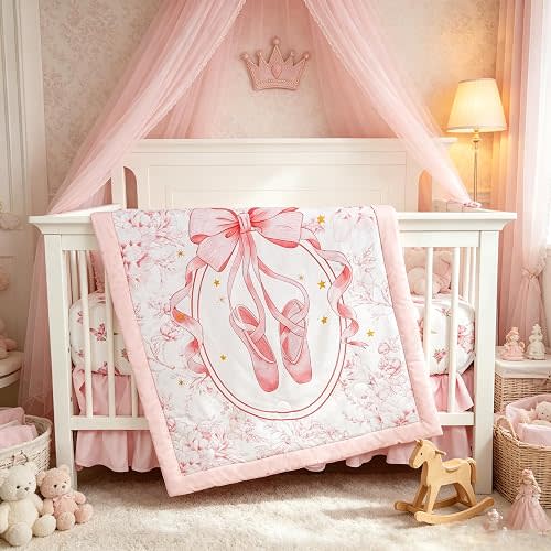 4-Piece Crib Bedding Set for Girls Boys, Baby Crib Bedding Set for Newborn & Infant, Neutral Nursery Bed Set Includes Comforter, Fitted Sheet, Crib Skirt, and Diaper Stacker