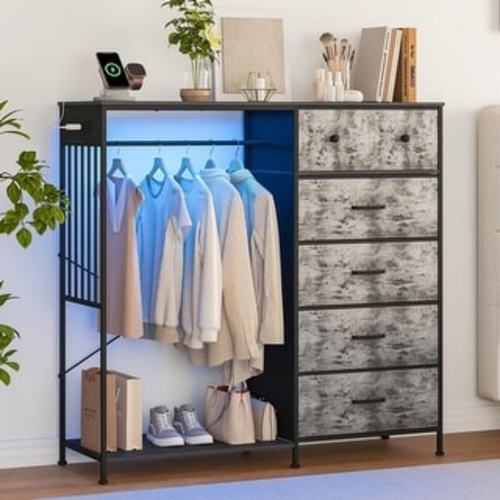 Dresser with Hanging Rack for Bedroom, 6 Drawer Dresser with LED Lights & Charging Station, Fabric Dressers & Chest of Drawers