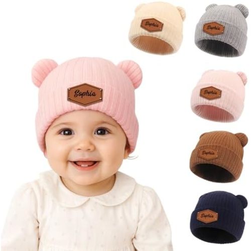 Personalized Name Newborn Beanie Hat Custom Infant Baby Bear Warm Hats Personalized Winter Knit Hats for Boys Girls
