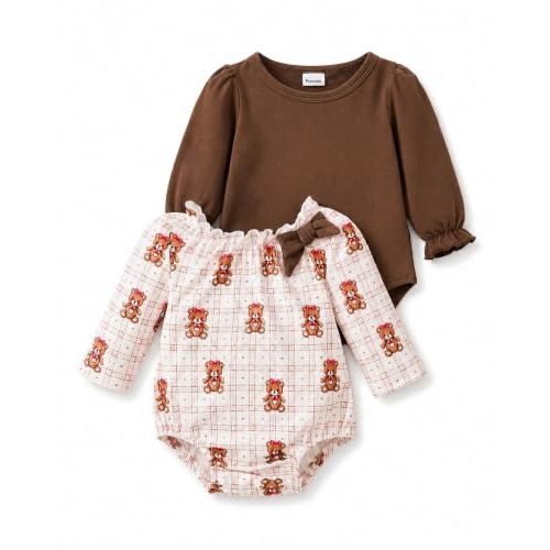 Baby Girl Clothes Long Sleeve Bodysuit Romper Set Ruffle Bow Prints 2 Pack Preemie Newborn 0 3 6 12 Months