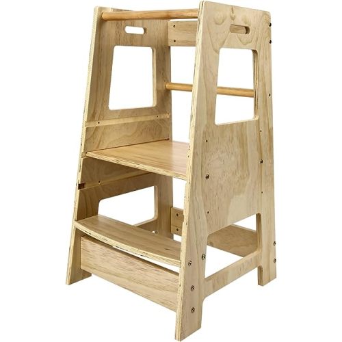 ECOMEX Toddler Standing Tower Kitchen Step Stool for Kids - Adjustable Height Learning Stool with Removable Safety Rail for Bedroom, Bathroom, Natural