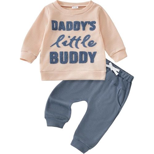 Toddler Baby Girl Boy Clothes Daddy's Mini Waffle Long Sleeve Sweatshirt Tops Pants Set Infant Fall Winter Outfit Sets