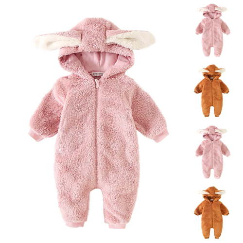 QATAINLAV Unisex Baby Cute Bunny Ears Hood Jumpsuit Newborn Sherpa Fleece Onesie Snowsuit Girls Boys Winter Warm Plush Romper with Zipper, Pink, 6 Months