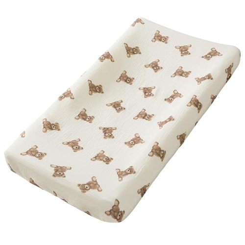 Little Jump Muslin Changing Pad Cover for Baby Girls Boys, 100% Cotton Soft Breathable Changing Table Covers, Baby Diaper Change Table Pad Cover, 2 Pack (Teddy Bears & Khaki)