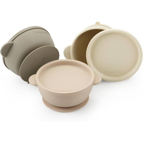 PandaEar 3 Pack Baby Bowls with Suction| Leak-Proof Stay Put Silicone Food Bowl with Lids for Babies Kids Toddlers Infants| Food Grade Soft Safe BPA-Free Silicone (Linen Brown Tan)