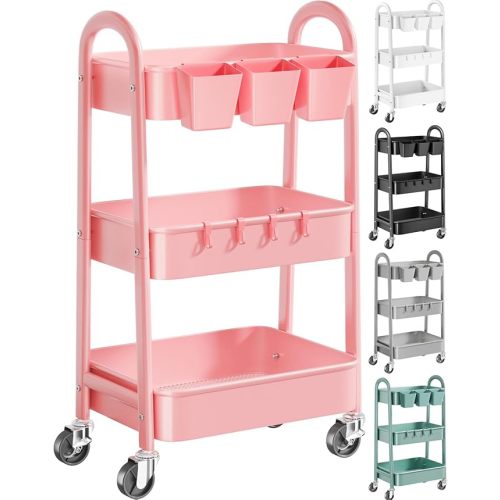 3 Tier Metal Rolling Cart with Lockable Wheels and Handle, Three Tiered Pink Trolley Cart on Wheels, Utility Storage Organizer for Bathroom, Kitchen, Teachers, Art, Crafts, Baby Diaper, Snack, Nail