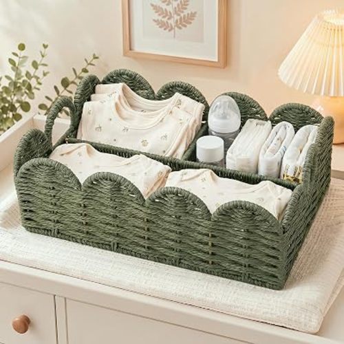 Mifoci Scalloped Baby Diaper Caddy Organizer Sage Green Paper Rope Basket
