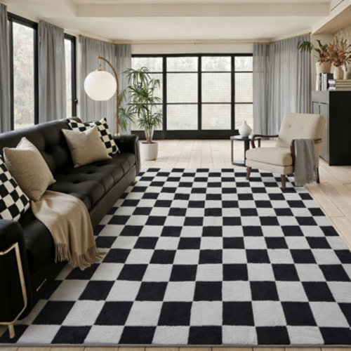 Gracie Oaks Black & White Jacquard Checkerboard Area Rug With Non-Slip Backing & Reviews | Wayfair