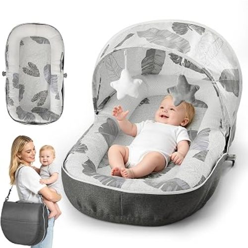 Baby Lounger with Canopy Portable & Foldable 0-12Months-Grey Leaf