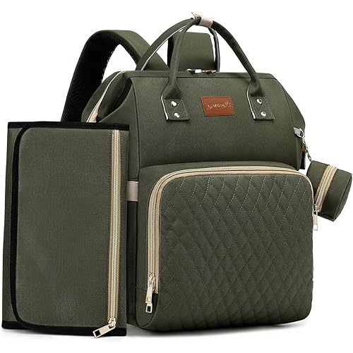 Diaper Bag Backpack with Changing Pad, Pacifier Case, Baby Bag for Boy Girl Toddler - Large, Stylish, Waterproof Travel Quilted Diaper Bag for Mom - Baby Shower - Army Green