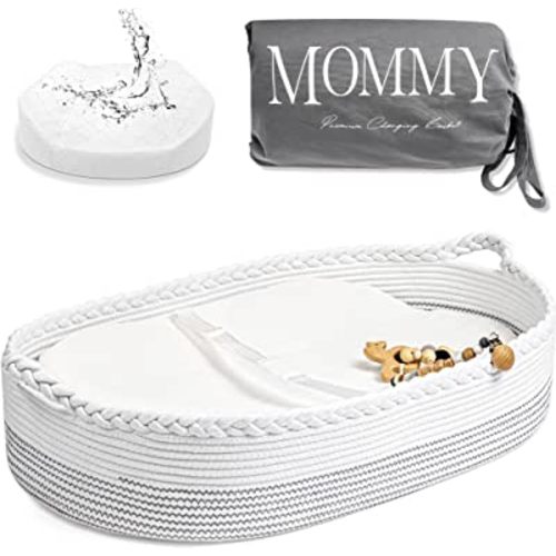 Baby Changing Basket with Contoured Foam Pad - Wipeable Waterproof Cover - Changing Pad Topper for Dresser/Table, Living Room, Portable, Moses Basket, White, J&JOO… (White)