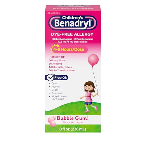 Children's Liquid Benadryl, Kids Allergy Relief Medicine, Dye-, Alcohol-, High Fructose Corn Syrup (HFCS)-Free, Safe for Children 6+ Use Only As Directed, Bubble Gum Flavor, 8 fl oz
