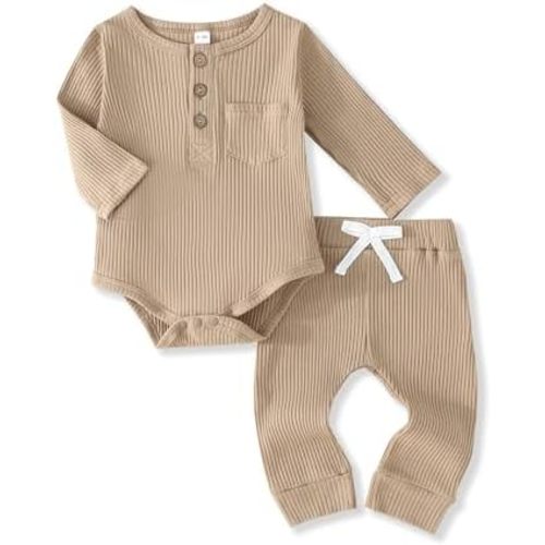 Newborn Baby Boy Girl Clothes Ribbed Knit Cotton Long Sleeve Romper Long Pant Preemie Solid Color Unisex Outfits