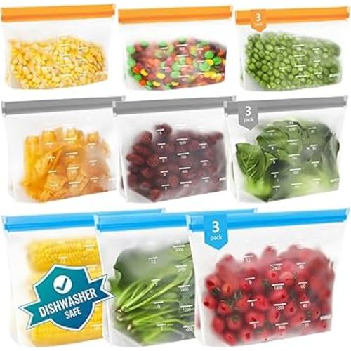 Reusable Storage Bags - Stand Up Silicone Food Storage Bags - Multicolor 3 Gallon + 3 Sandwich + 3 Snack Bags