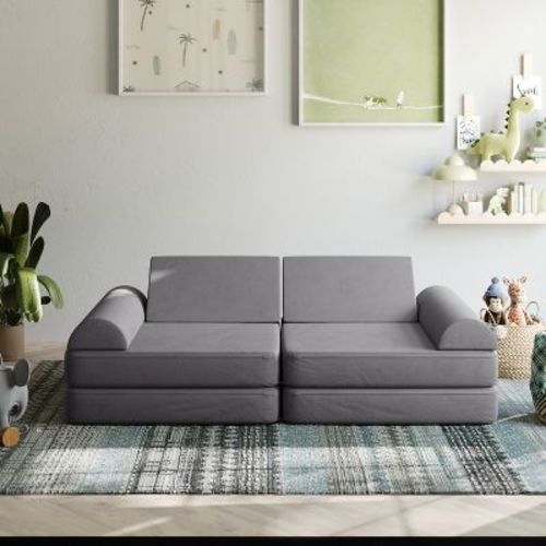 Emma and Oliver Gray 56 in. Modular Play Couch for Kids with Convertible 6-Piece Design and Soft Foam Cushions