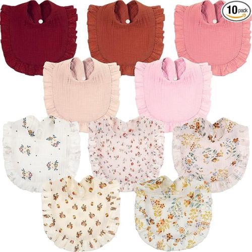 Mepase 10 Pcs Large Muslin Baby Girl Bibs Drool Teething Bibs Lap Shoulder for Boy Girls Teething(Elegant Colors)