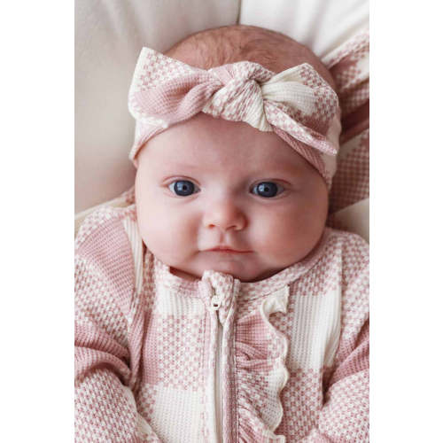 Big Check Bamboo Waffle Zipper Ruffle One-Piece Footie in Rosy | Caden Lane