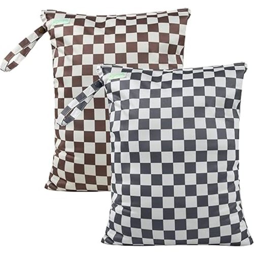 wegreeco Wet Dry Bag for Baby Swimsuit, Small Wet Dry Bag for Clothes Diaper and Breast Pump Parts, Large Baby bag for Travel,Gym Clothes,Beach,Pool,Extra Clothes (Gray-Brown Checkered)