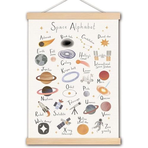 DNEULYR Space Alphabet Canvas Wall Art, Nursery Wall Decor, Space Room Decor, ABC Educational Prints Poster for Toddlers Kids Room Nursery Playroom Classroom, 12x16 Inches
