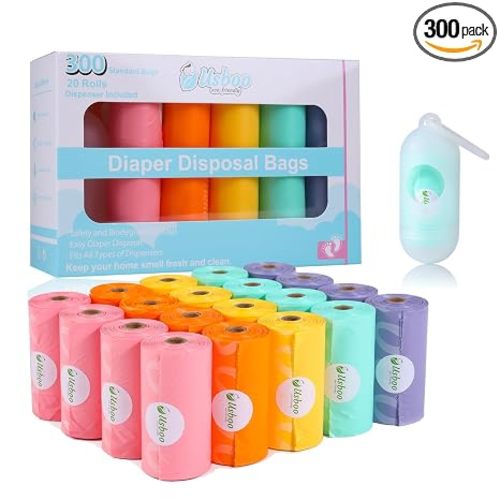 USBOO Biodegradable Disposable Diaper Bags, 20 Rolls/300 Bags, Rainbow | Leak-Proof Diaper Bags with Dispenser, Home & On-the-Go, Soiled Diapers & Pet Waste, Rainbow Unscented