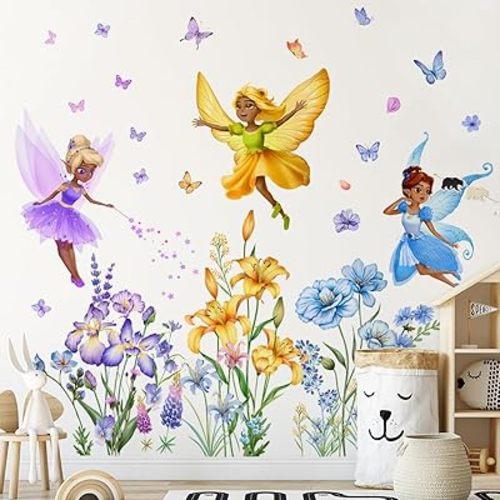 Runtoo Large Fairy Wall Decals Flower Butterfly Elf Wall Stickers for Black Girls Bedroom Kids Room Baby Nursery Wall Decor