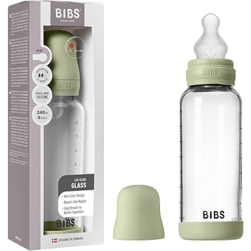 BIBS Baby Glass Bottle. 8 US fl oz / 240 ml. Anti-Colic. Vented Round Silicone Nipple. Supports Natural Breastfeeding, Medium Flow, Complete Set - Sage