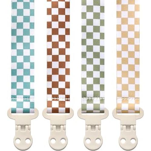 Stadela Baby Pacifier Clip Holder - Girl or Boy Unisex 4 Pack Gift Set – Neutral Modern Retro Checker Green Blue Brown Beige
