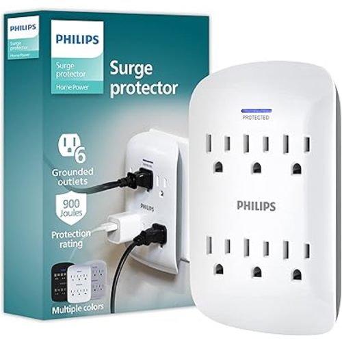 Philips 6-Outlet Extender Surge Protector, 2 Pack, Wall Tap, 900 Joules, 3-Prong, Space Saving Design, Protection Indicator LED Light, ETL Listed, White, SPP3466WA/37