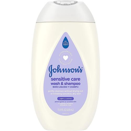 Johnson's Sensitive Care Baby Body Wash & Shampoo, Daily Moisturizing 2-in-1 Baby Wash & Shampoo to Gently Cleanse Dry, Sensitive Skin, Lightly Scented, Tear-Free, Hypoallergenic, 13.6 fl. oz
