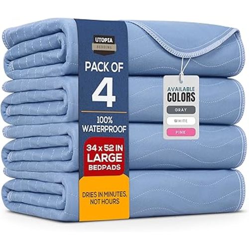 Utopia Bedding (Pack of 4) Waterproof Incontinence Pads Quilted Washable & Absorbent Bed Pad for Adults and Kids 34 x 52 inches (Blue)