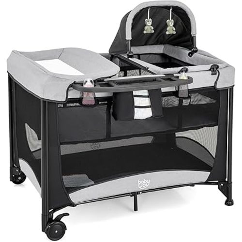 BABY JOY 4 in 1 Pack and Play, Portable Baby Playard with Bassinet & Diaper Changing Table, Infant Bassinet Baby Crib Activity Center with Toys & Oxford Bag from Newborn to Toddlers (Dark, Classic)