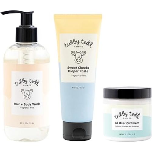 TUBBY TODD Baby Bundle Newborn Skin Care Set - Hypoallergenic Hair + Body Wash, All Over Ointment with Colloidal Oatmeal, Sweet Cheeks Diaper Paste - Fragrance Free, Standard Size